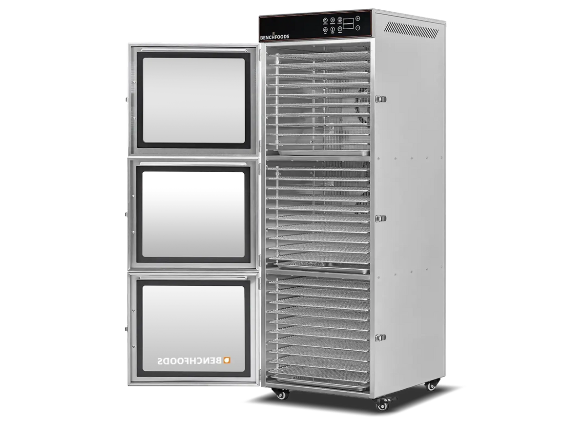 Benchfoods 3 Zone 30 Tray commercial dehydrator with doors open showing stainless steel trays