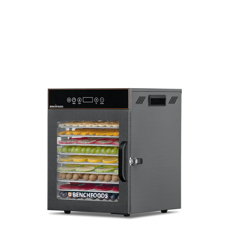 Benchfoods 1 Zone 10 Tray dehydrator - black stainless steel, loaded with fruit