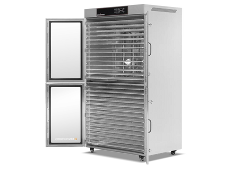 Benchfoods 2 Zone 28 Tray commercial dehydrator with doors open showing stainless steel trays