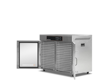 Benchfoods 2 Zone Horizontal 32 Tray commercial dehydrator with doors open showing stainless steel trays