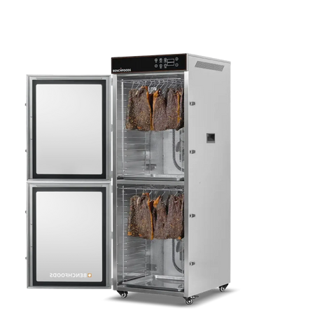 Benchfoods 2 Zone Vertical 32 Tray with biltong, doors open